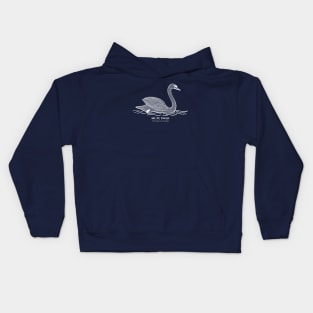 Mute Swan with Common and Latin Names - hand drawn bird design on navy blue Kids Hoodie